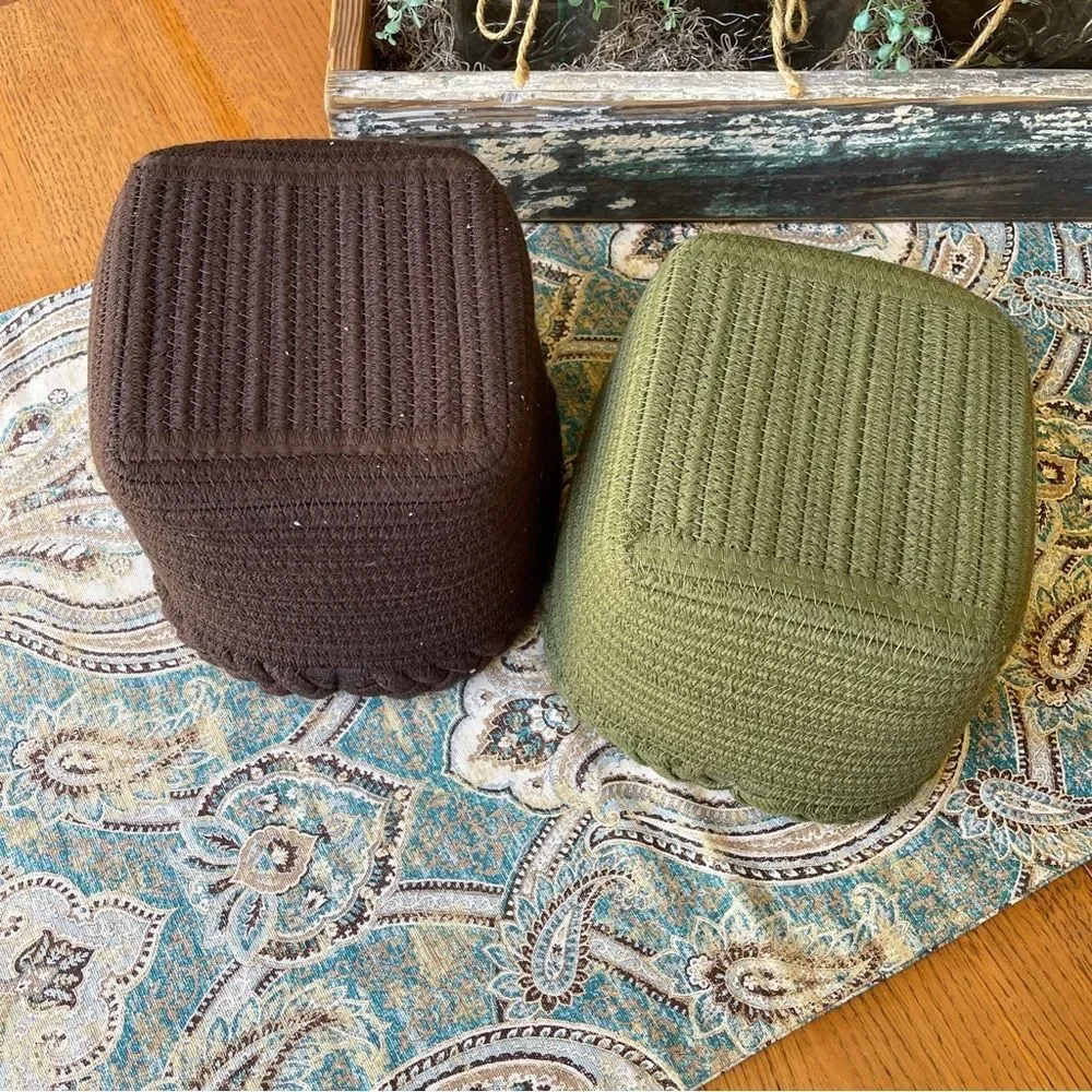 Woven Braided Storage Baskets Set Of 2 Brown Olive Green